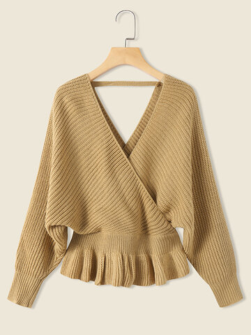 Solid Wrap Backless Ruffle Sweater
