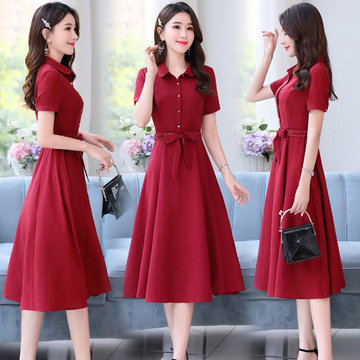

Season New Short-sleeved Foreign-aged Age-loss Slim Tie With Long Paragraph A Word Women's Dress