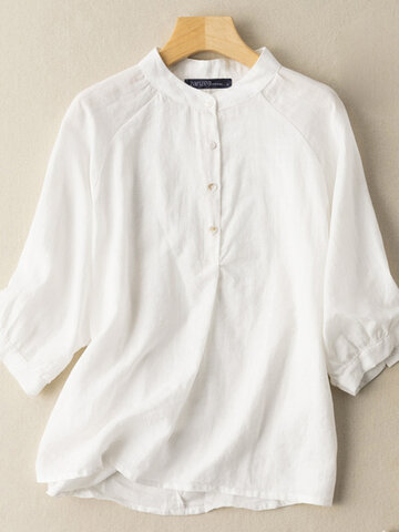 Solid Button Stand Collar Blouse