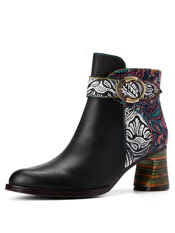Retro Floral Printed Splicing Leather Ankle Boots