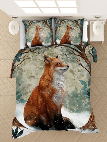 2/3Pcs Fox And Tree Pattern Comfy Bedding Duvet Cover Set Pillowcase Adults Bed Duvet Set Twin King