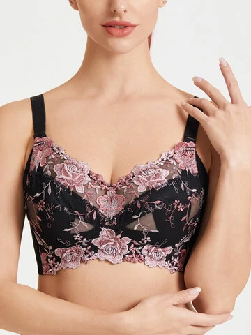 Women Vintage Floral Embroidered Lace Wireless Full Cup Lightly Lined Bra 