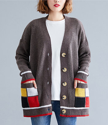 Literary Plus Size Color Stitching Coat Cardigan Sweater