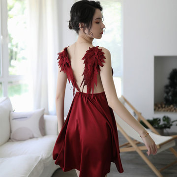 

Sexy Female Silk Silk Wings Sling Sexy Nightdress Spicy Flirting Halter Cute Pajamas Sexy Lingerie Set, Black red