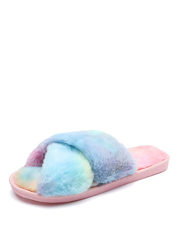 Cross Band Soft Plush Furry Comfy Breathable Home Slippers
