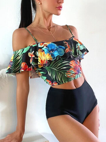 Women Tropical Plant Print Ruffle Spaghetti Straps High Waisted Bikinis Swimsuit 