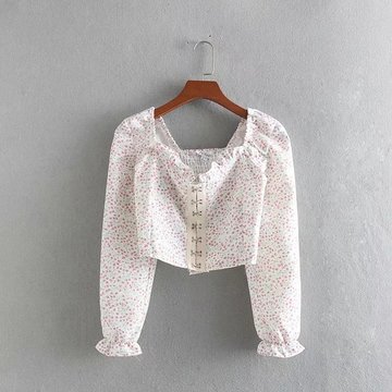 

Hhfs Europe And The United States To The New Square Collar Tower Button Printed Shirt Short Paragraph Navel Elastic Top