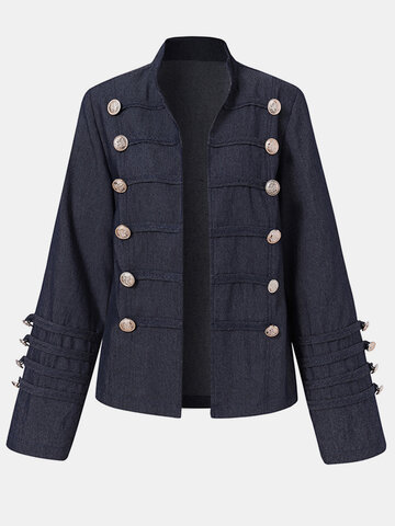 Solid Color Button Decoration Long Sleeve Casual Jacket Coat for Women