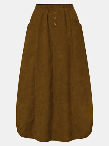 Corduroy Solid Color Elastic Waist Skirt