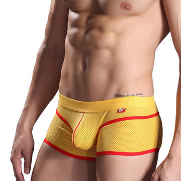 

Men Sexy Mesh Breathable Nylon Enhancing Pouch Underwear Low Waist U Shaped Boxers Brief, White yellow red purple black gray