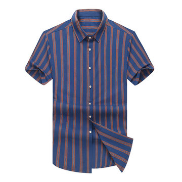 

Store Summer New Men's Striped Print Thin Section Short-sleeved Shirt Plus Fertilizer XL Fat Brother Half-sleeved Shirt