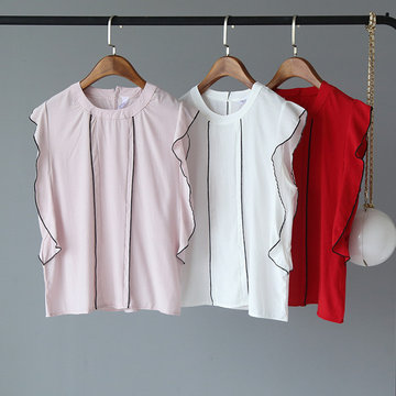 

[Ou Ma Lai] Season New Fashion Stitching Ruffled Sleeveless Ladies Shirt Female Tide 1376