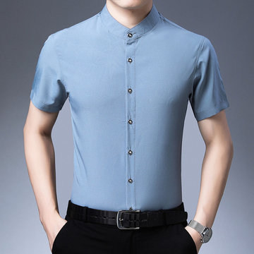 

Elastic Comfort Male Wild Season Thin Section Slim Middle-aged Collar Casual Shirt Solid Color Short-sleeved Shirt