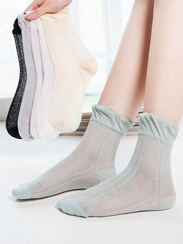 Chaussettes coton ultra-minces unies en soie glacée et maille respirantes chaussettes en dentelle pour femme