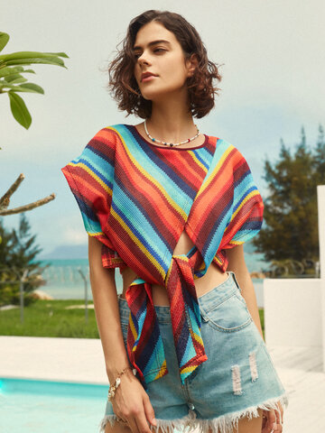 Multicolor Stripe Knotted Knit Blouse