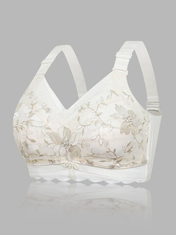 Women Floral Embroidered Lace Bowknot Curved Trim Full Coverage Bras 