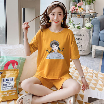 

Pajamas Women's Season Thin Section Cotton Short-sleeved Home Service Female Day Cute Student Ins Princess Wind Two-piece Suit, White pink yellow