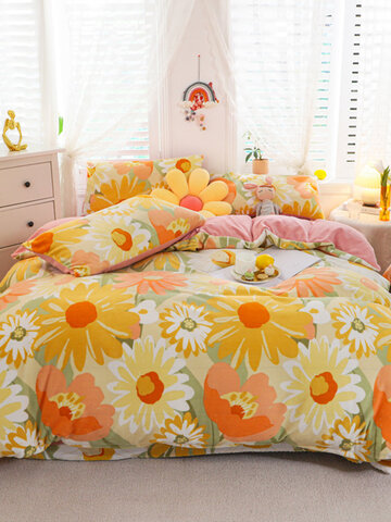 4PCS Warm And Plus Thick Velvet Print Sunflowers Bedding Sets Quilt Cover Bedspread Sheet Pillowcase