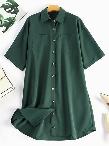 Solid Double Pocket Shirt Dress