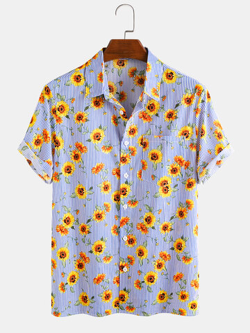 100% Cotton Sunflower Printed Striped Casual Shirt
