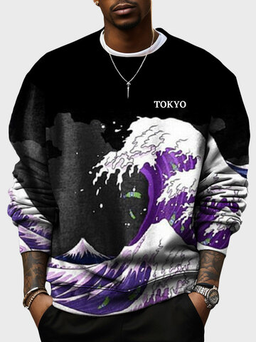 Japanese Wave Print Pullover Sweatshirts