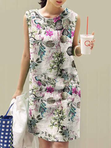 Allover Plants Print Sleeveless Kleid