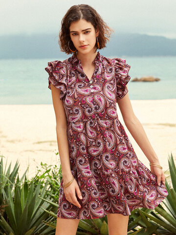Abgestufte Rüschen mit Paisley-Print Kleid