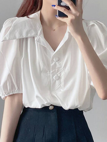 Puff Sleeve Lapel Solid Blouse