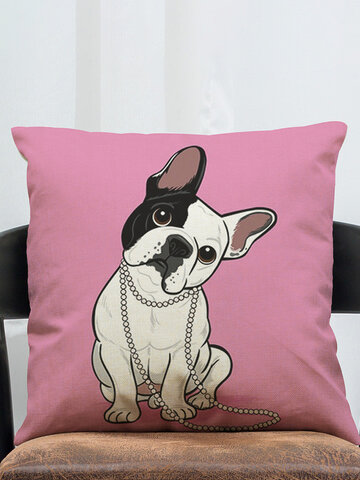 Funda de almohada de lino y algodón con dibujos animados de Bulldog Francés