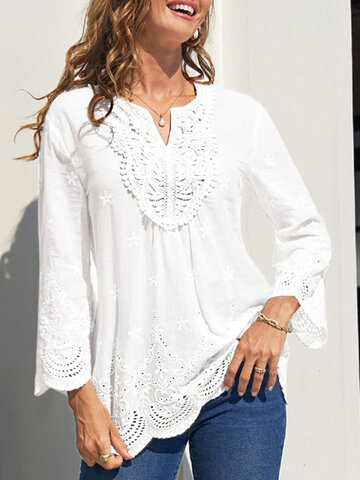 Embroidery Solid Notch Neck Blouse