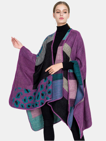 

Leopard Striped Printed Knitted Cloak Shawl, Coffee purple