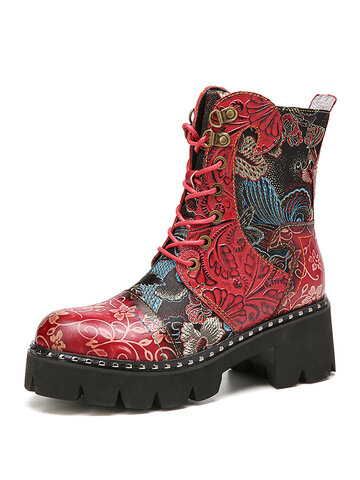 Embossing Floral Embroidery Cloth Leather Splicing Short Boots