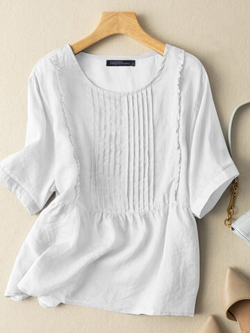 Solid Pleated Ruffle Trim Blouse