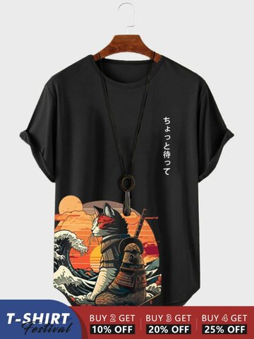 Japanese Cat Print T-Shirts