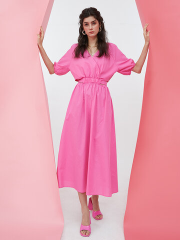 Cut Out Knotted Puff Sleeve Dress
