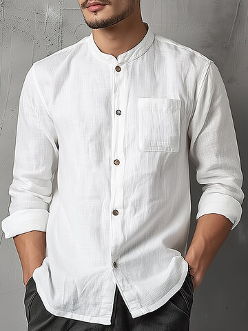 Solid Stand Collar Pocket Shirts