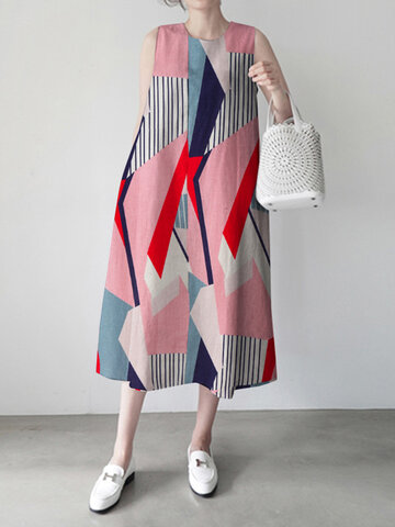 Geometry Stripe Pocket Print Dress