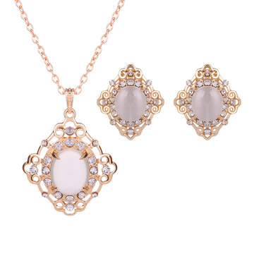 Luxury Jewelry Set Rhinestone Opal Necklace Earrings Set