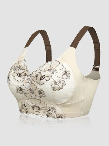 Women Large Size Floral Embroidered Lace Hit Straps Gather Bras 