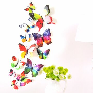 12PCS 7 Colors 3D Double Layer Butterfly Wall Sticker Fridge Magnet Art Applique