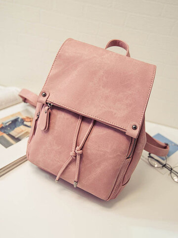 Simple Pure Color Faux Leather Backpack Shouder Bag For Wome