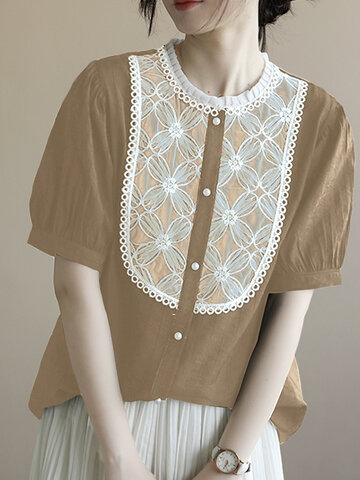 Блуза с коротким рукавом и контрастной вышивкой