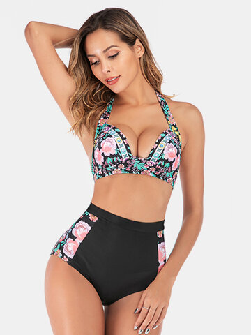 Plus Size Floral Print Halter Swimsuits