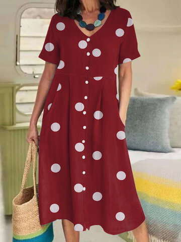 Dot Print Pocket V-neck Dress