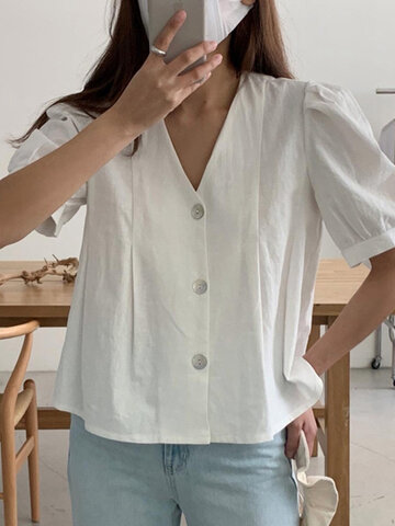Solid Puff Sleeve Button Blouse