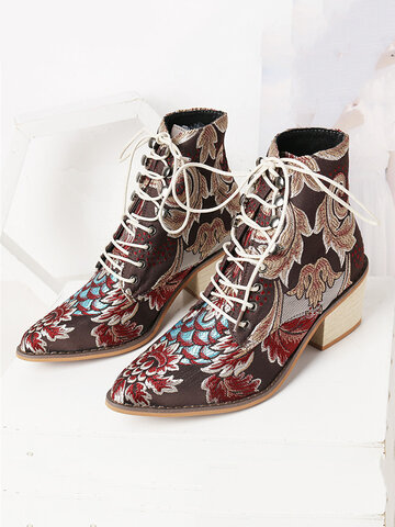 Embroidered Lace Up Block Heel Boots