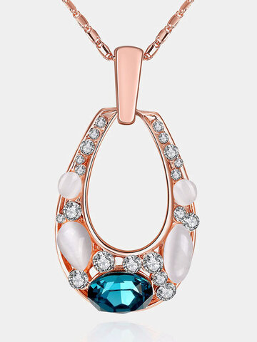 Luxury Women Necklace Oval Hollow Opal Glass Crystal Rhinestone Necklace