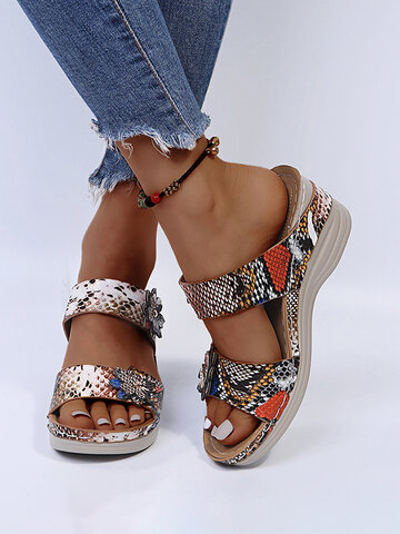 Animal Print Flowers Decor Stitching Wedges Slippers