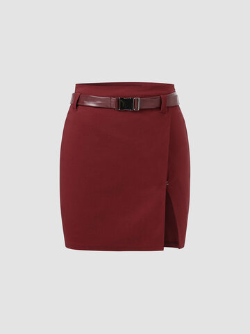 Solid Belt Slit Mini Skirt
