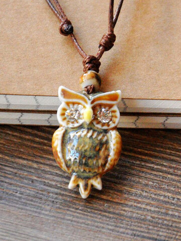 Rhinestones Owl Drawstring Necklace
